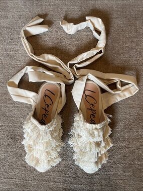 Cream Fringed Tie-Up Espadrille Flats
